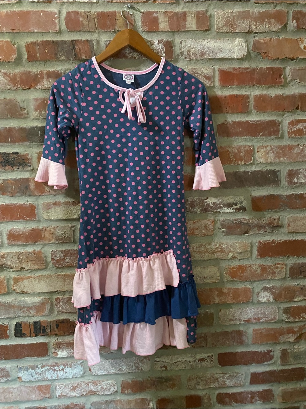 Lilli Lovebird Girls Navy and Pink Polka Dot Ruffle Dress